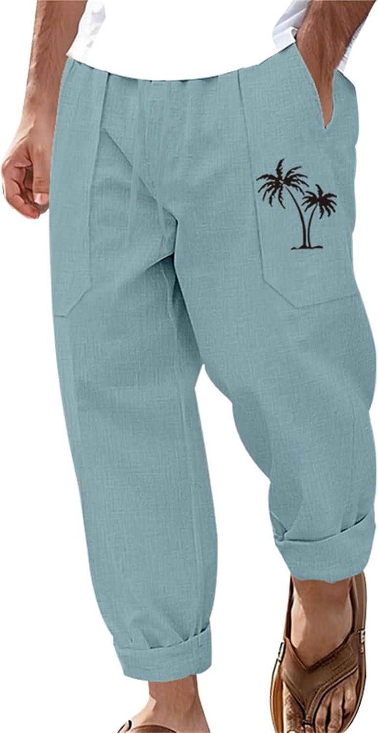 Men's Cotton Linen Pants Elastic Waist Drawstring Straight Leg Pants Casual Summer Lightweight Yoga Beach Trousers