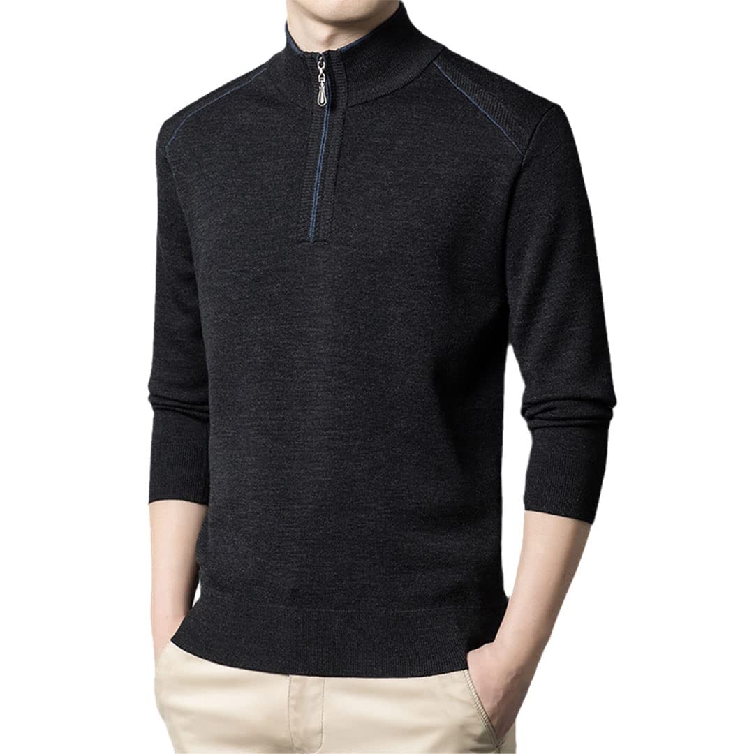 Vogrtcc Męska wełniana dzianina dół koszula sweter zamek golf gruby ciepły, Black, S