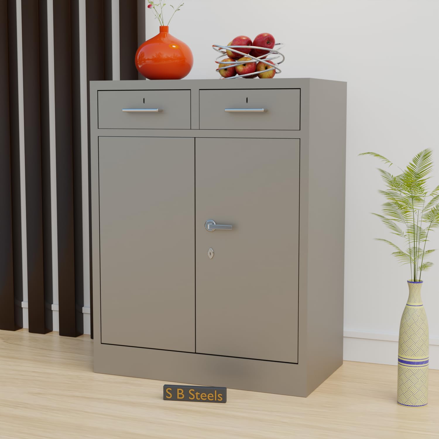 SB Steels Modern Storage Cabinet, White and Brown, 2 Drawers, 2 Doors, Steel, 39x29x16 Inches, Home Office Furniture (Grey)-image-31