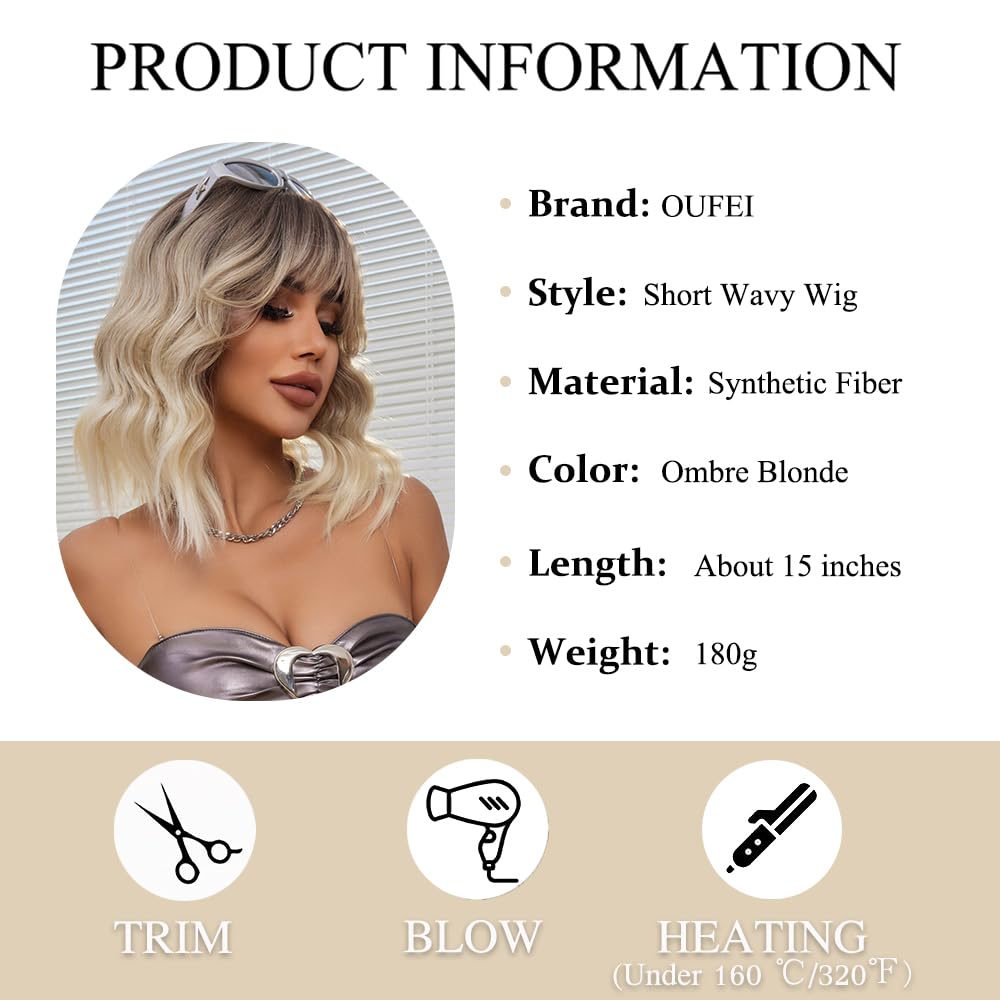 Ombre Blonde Perücken für Frauen Kurz Gewellt Perücke mit Pony Natürliches Synthetisches Haar Hitzebeständig Perücken für Tägliche Party Cosplay Tragen