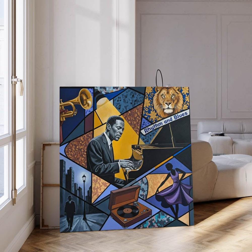 Rhythm and Blues Poster Bild Leinwand, Jazz Piano Wandbild, Zeitgenössische Kunst, Musikzimmer Musik Deko Geschenk, Bar oder Lounge Kunstdruck, Vintage Vinyl Kunst