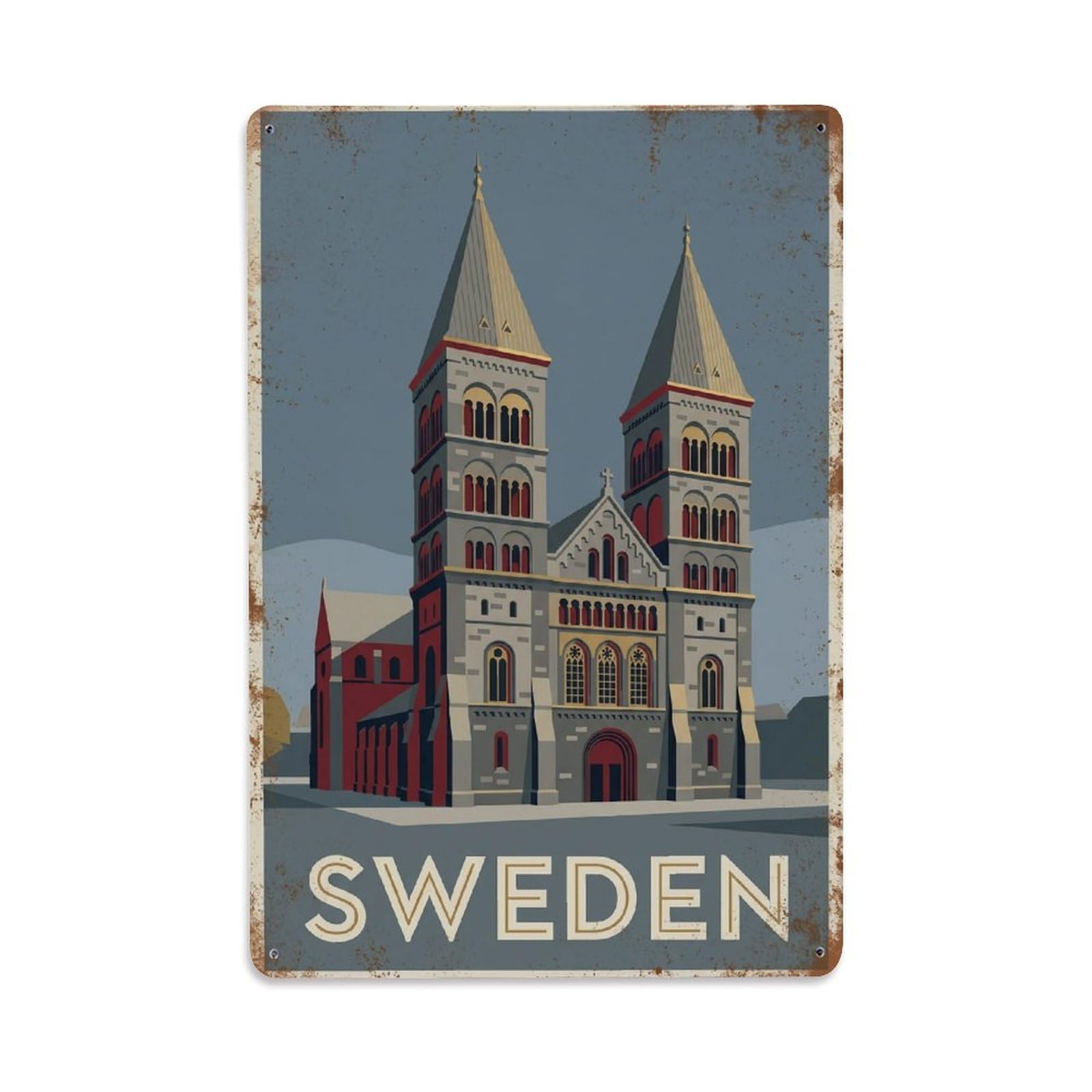 Vintage Travel Lund Sweden Cathedral Metal Tin Sign