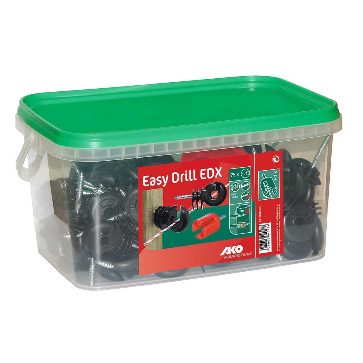 AKO Ringisolator Easy Drill EDX (75 Stück in Eimer, mit durchgehender Stütze ⌀ 6 mm, inkl. Einschrauber, leichtes Eindrehen in Holzzäune, EDX Holzgewinde, Zubehör Tierzäune, Tierzubehör) 443269/753E