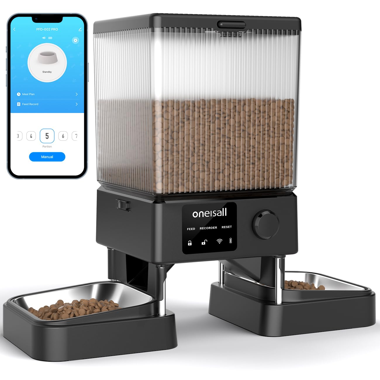 oneisall Automatic Cat Food Dispenser with 5G WiFi, Automatic Cat Feeders for 2 Cats, 20 Cups Timed Dry Food Dispenser with APP Control