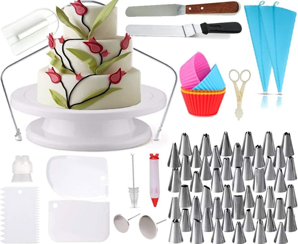 All-in-One Cake Decorating Supplies. Decorate Cakes, Cupcakes, Cookies or Pastry | 48 Icing Tips | 5 Silicon Cupcake Molds | Rotating Turntable Stand | 2 Silicon Piping Bags | Cake Decorating Kit