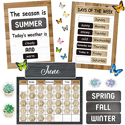 87 Pieces Rustic Calendar Bulletin Board Set Classic Classroom Bulletin Board Decoration with Calendar, Monthly Headers, Days of The Week Seasons Weather Charts for Classroom Decor 13.4 x 9.7 inch