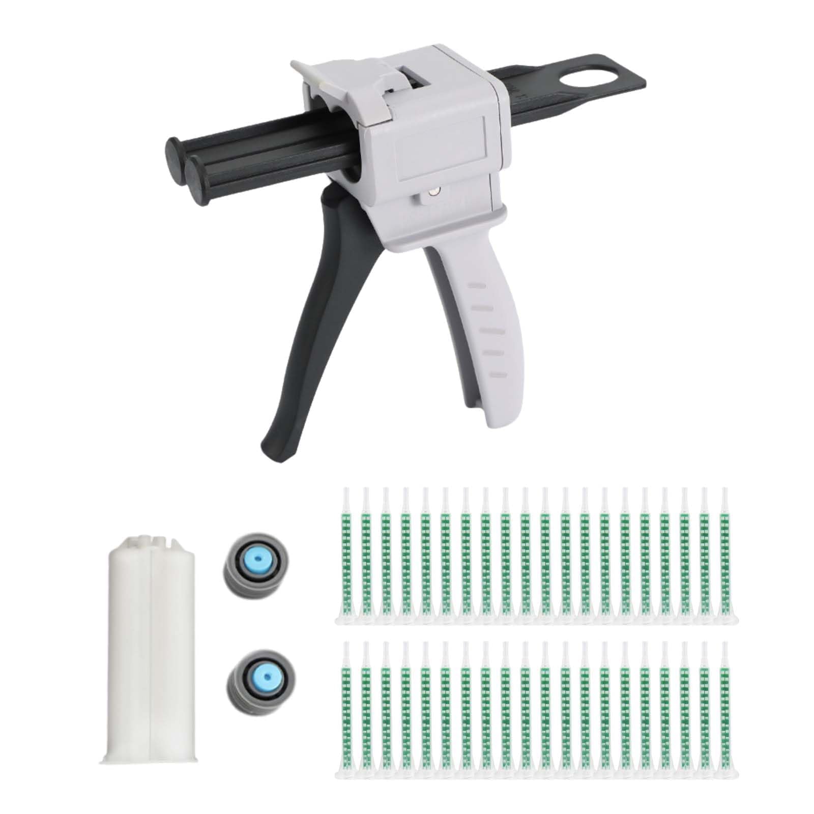 50 ml AB Epoxi Pistola, AB Pegamento Mango Pistola, AB Pistola Pegamento, Juego de Pistola de Pegamento,Blanquecino, jeringa mezcladora de 83 mm, 50 palitos50 ml, 1:1, ligera, flexible, duradera