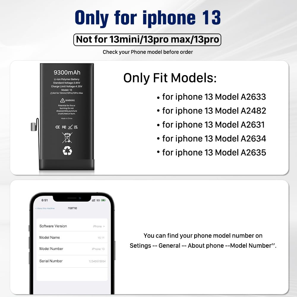 9300mAh High Capacity Replacement Battery for iPhone 13, Upgrade Replacement Battery with Pro Replacement Tool Kit for iPhone 13(A2635 A2634 A2633 A2631 A2482)