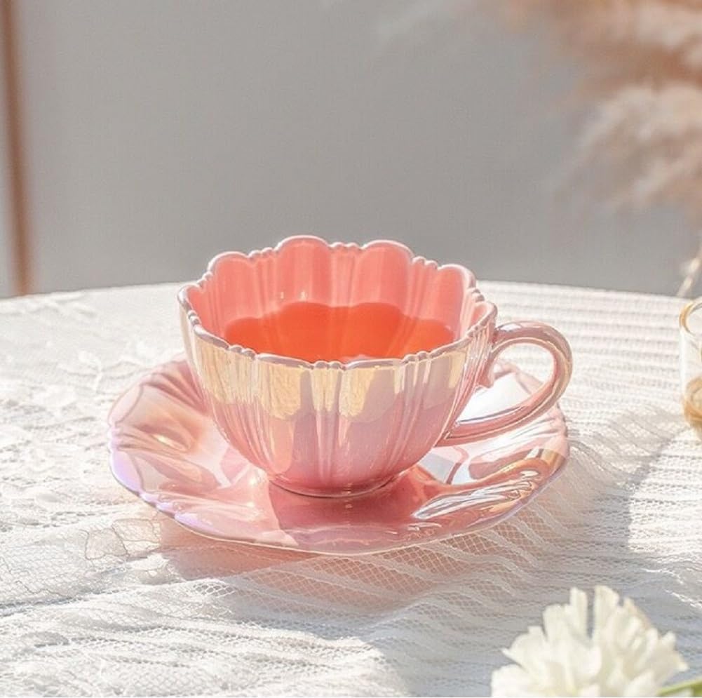 Blumenform Kaffeetasse Set Perlenglanz Blumentasse 230ml Espressotasse niedliche Capuccinotasse mit Untertasse für Frauen Freundin Geburtstag Muttertag Valentinstag (Rosa)