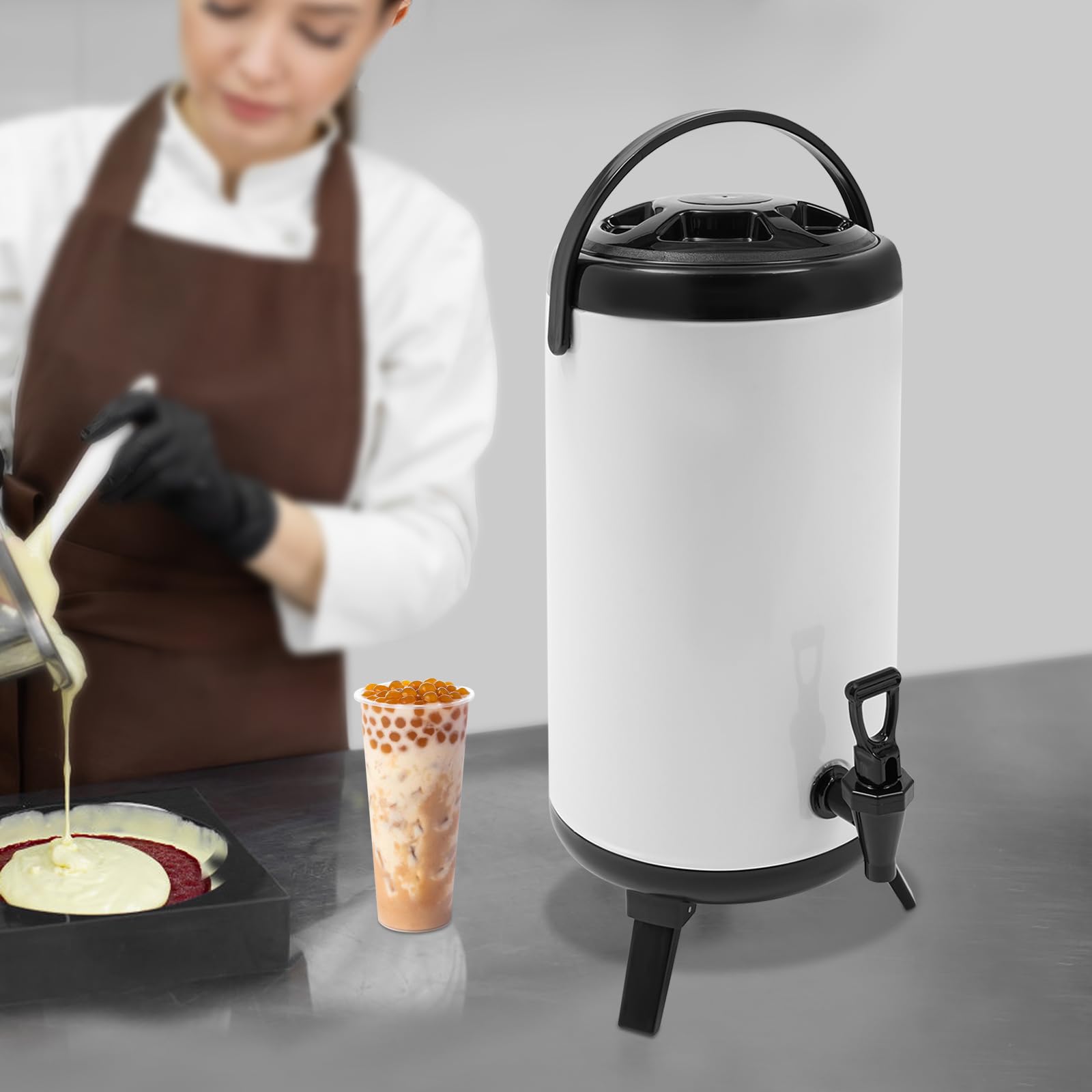 OUKANING Dispensador de bebidas frías y calientes de acero inoxidable, aislamiento térmico que mantiene bebidas de 4 a 8 horas, a prueba de fugas, montaje en mesa, independiente (12 L, blanco)