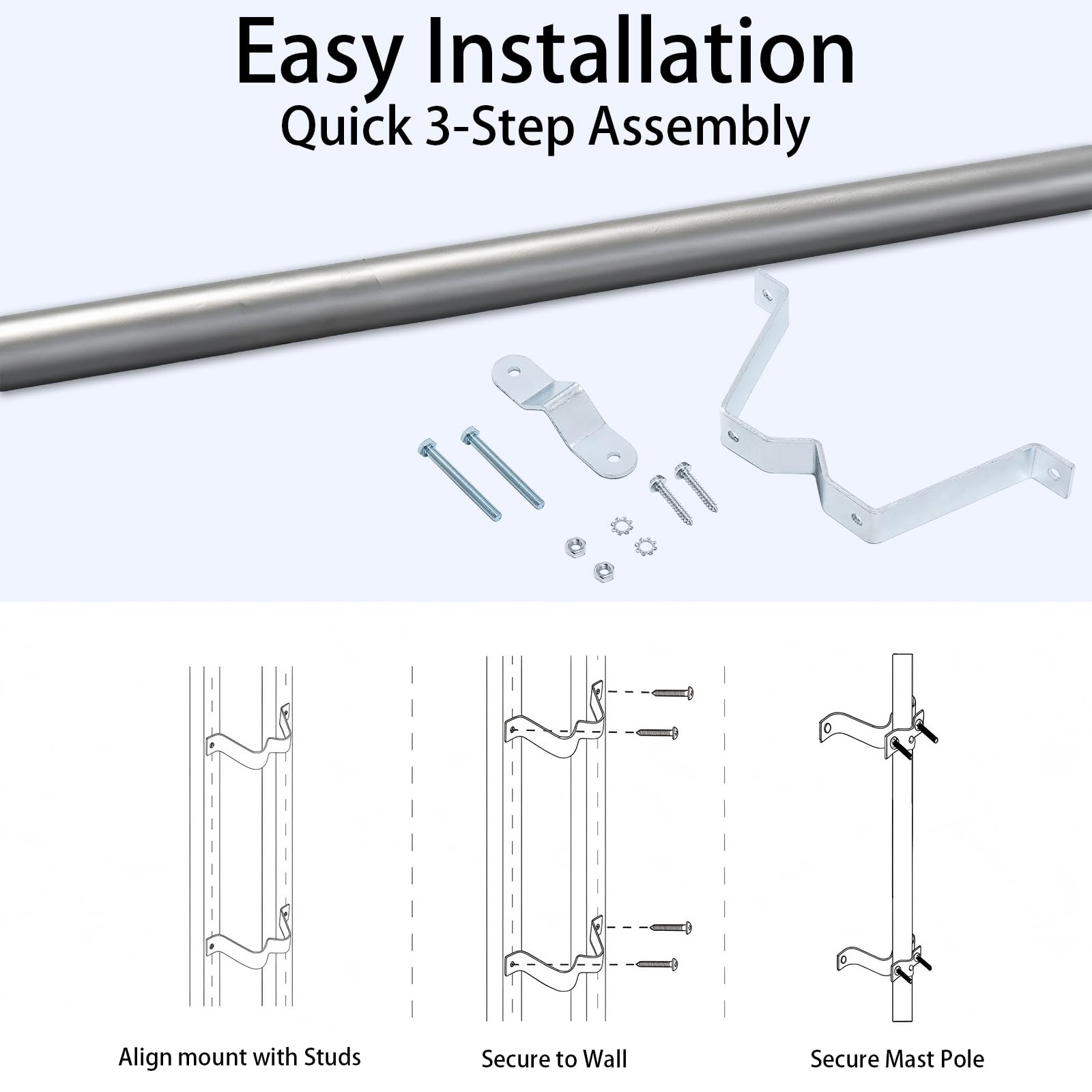 Lot de 4 supports muraux pour antenne de 10,2 cm, en acier galvanisé robuste pour mât de 3,8 cm, convient pour toit, mur, extérieur, camping-car, plat, satellite, boulons tire-fond inclus