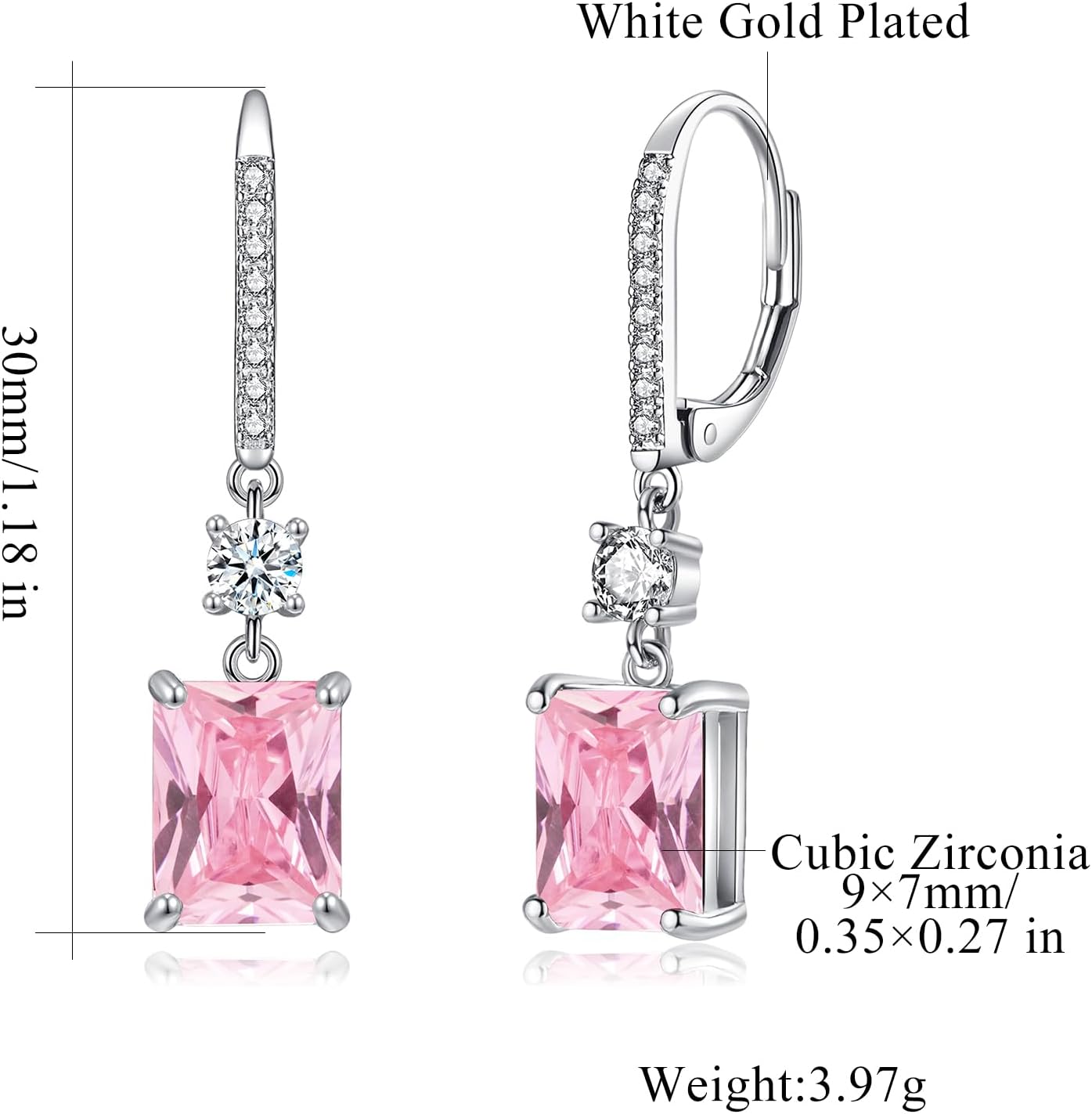CiNily Rectangular-cut Drop Dangle Earrings for Women Hypoallergenic, Multi-color Cubic Zirconia Earrings Diamond Dangle Earrings Jewelry Gifts for Mothers Day 14K White Gold - Image 3