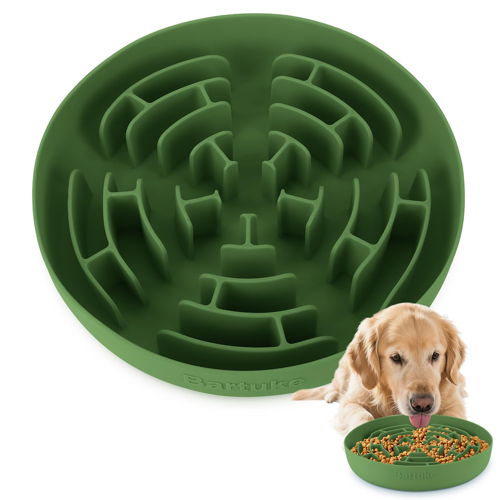 Bartuke Large Silicone Slow Feeder Dog Bowls, Washable Puppy Food Bowl with Non-slip Big Strong Suction Cup, Interactive Puzzle Feeding Bowl for Dogs & Cats, Slow Down Eating, Anti Choking (Darkgreen)