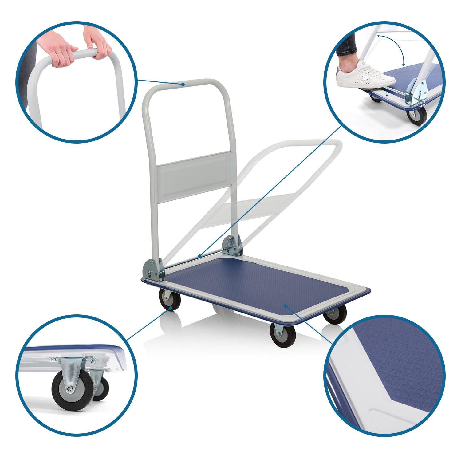 hjh OFFICE 830022 Carro de Plataforma Plegable Carry Carrito de Transporte para Cargas Pesadas con Neumáticos, Industrial, hasta 150 kg, Azul/Blanco