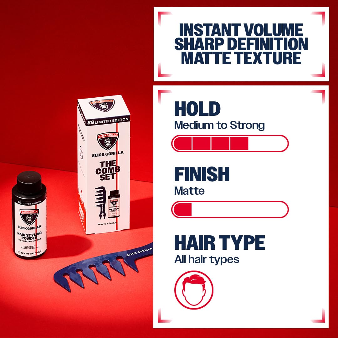 Slick Gorilla Haarstyling-Texturpuder und Texture-Kamm für Männer – Mattes Haarpuder und Carbon-Breitzahnkamm für Volumen, Griff, Form und Halt. Nicht fettendes Styling für einen natürlichen Look
