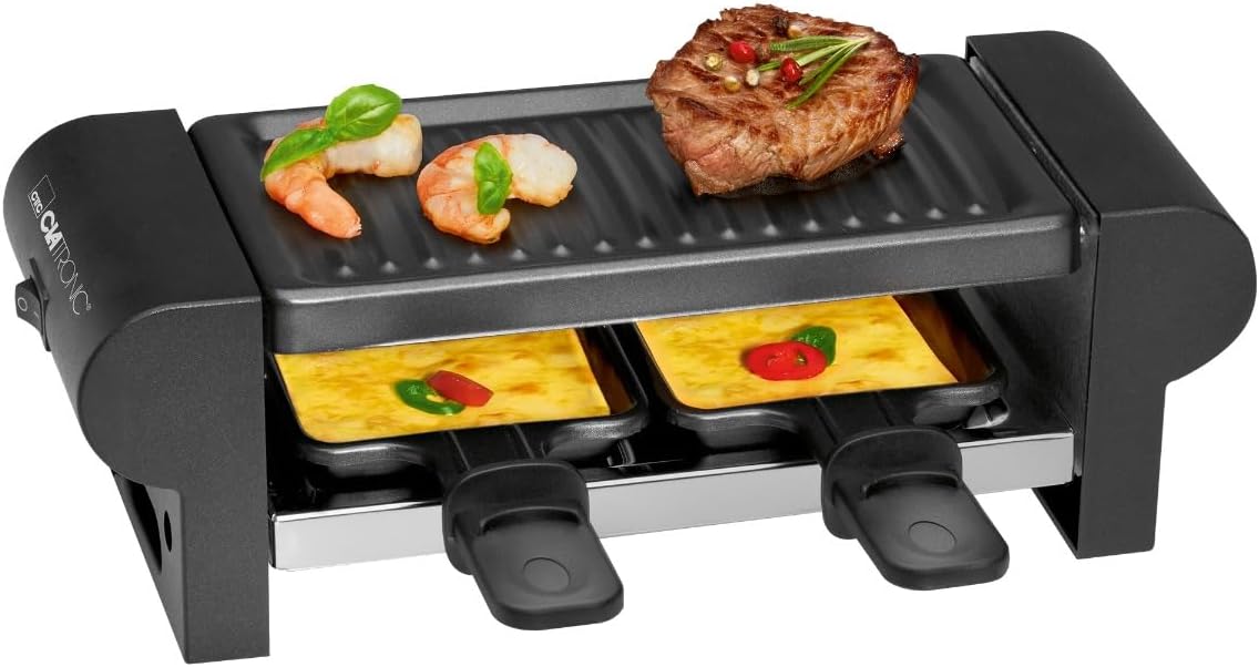 Clatronic RG 3592 2-osobowy grill do raclette do grillowania i opiekania, obudowa Cool-Touch, 2 patelnie, powłoka zapobiegająca przywieraniu, czarny