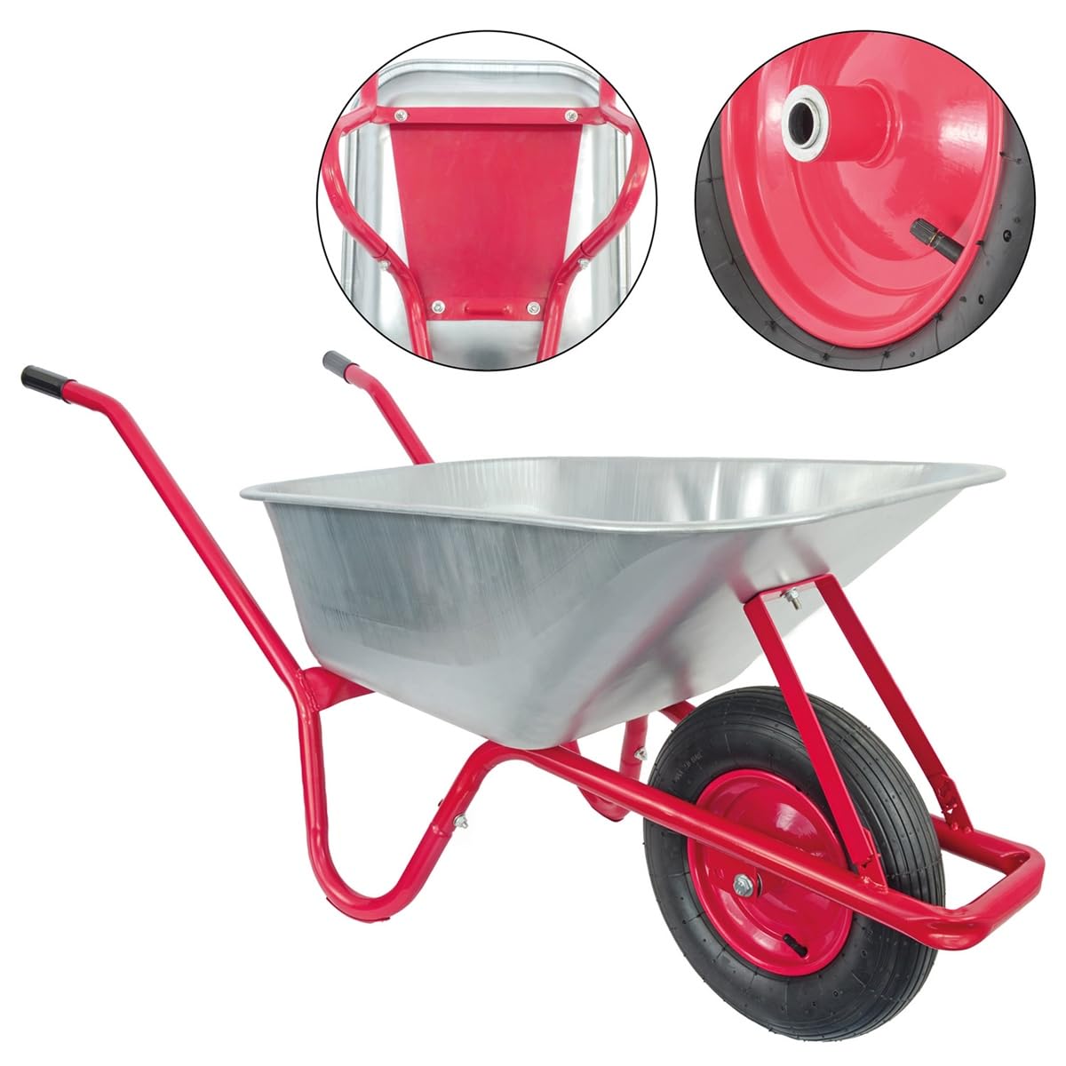 Matrix Schubkarre Profi 100l Liter 250 kg mit zusätzlichem Bodenblech Luftrad Schubkarren groß Garten Scheibtruhe Bauschubkarre | Mulde verzinkt | Metall Felge mit Kugellager | Farbe rot
