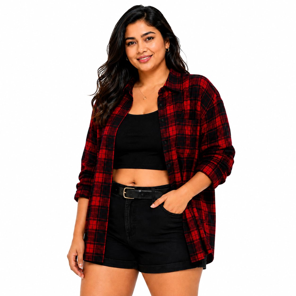 designally Women's Plus Size Red and Black Plaid Flannel Shirt, Long Sleeve, Button-Down, Casual Style-picture-29