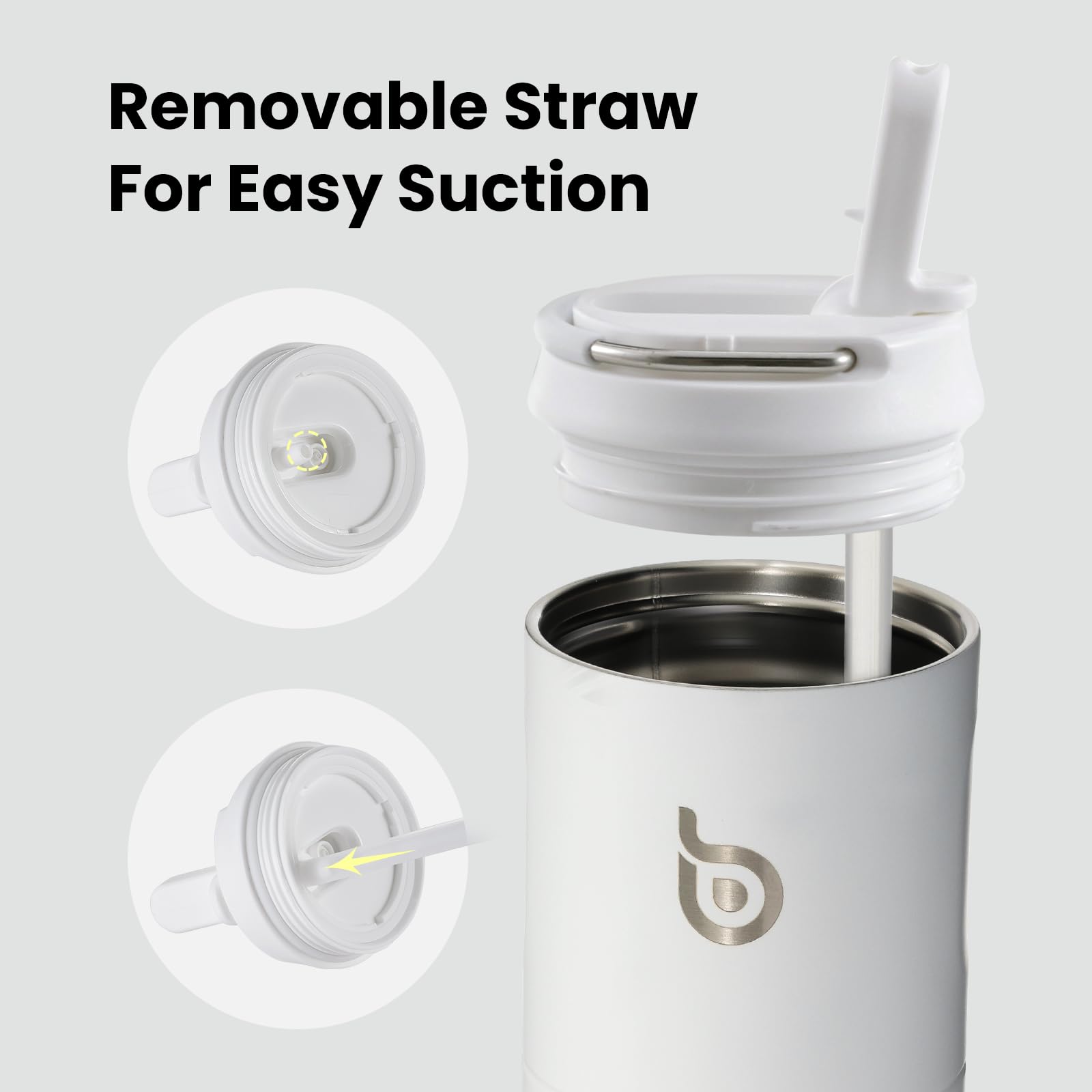 Bottle Bottle Borraccia termica da 710 ml, con coperchio, cannuccia e manico, in acciaio inox, a doppia parete sottovuoto, a prova di perdite, senza BPA, per sport, viaggi, palestra, bianco