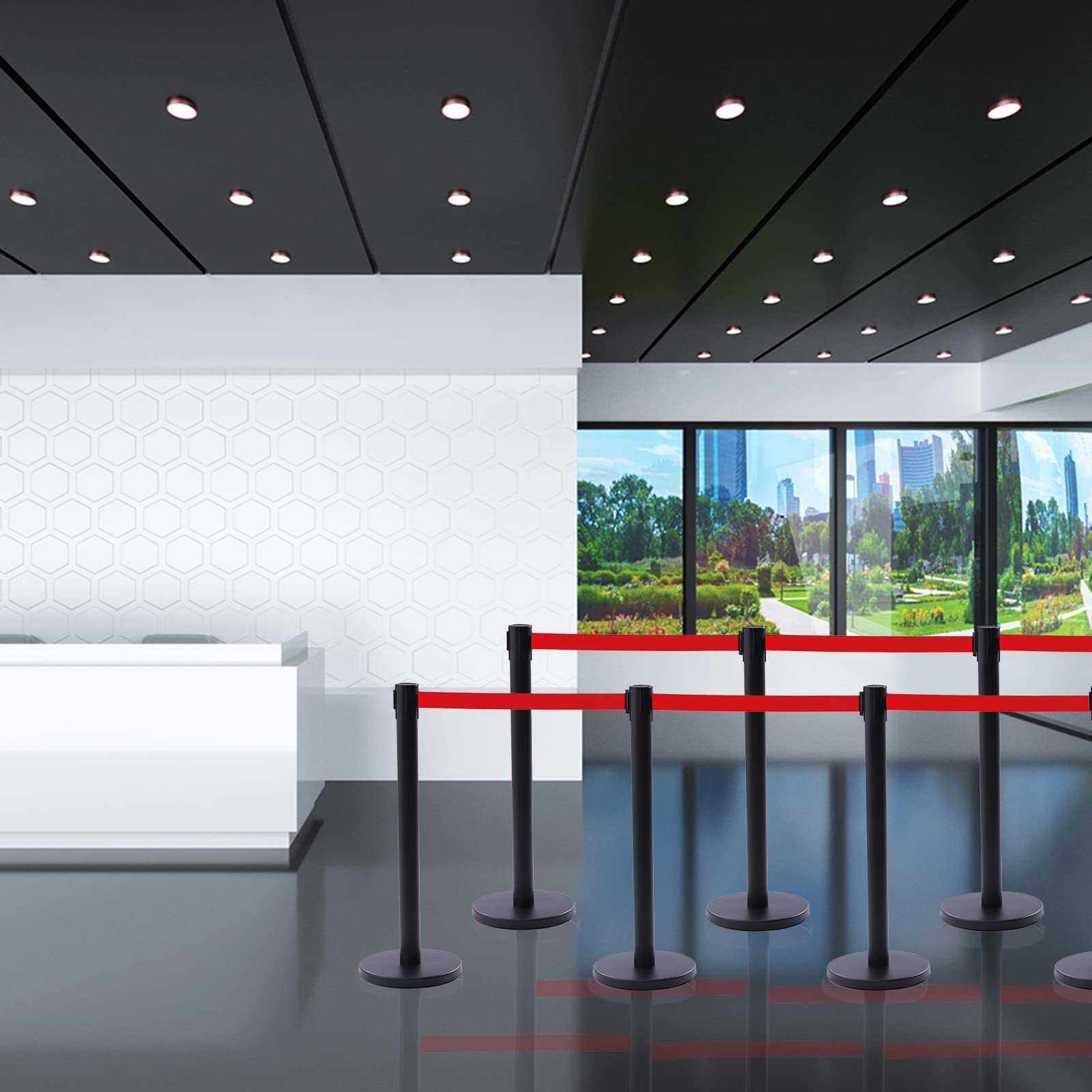 6PCS Crowd Control Stanchions, Crowd Control Barriers with 6.5FT Red Retractable Belt, Black Stanchions for Store Queues, Airport Lines, Event Entries