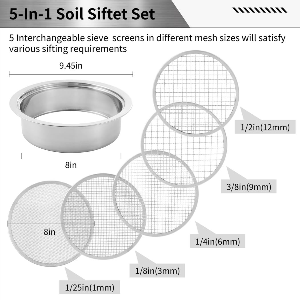 Riddle-Siebset mit 5 austauschbaren Maschen, Pflanzensiebe für Gartenerde mit Schaufel, Bodensiebe aus Edelstahl für Aussaat und Umtopfen, Siebgrößen 1 mm, 3 mm, 6 mm, 9 mm, 12 mm