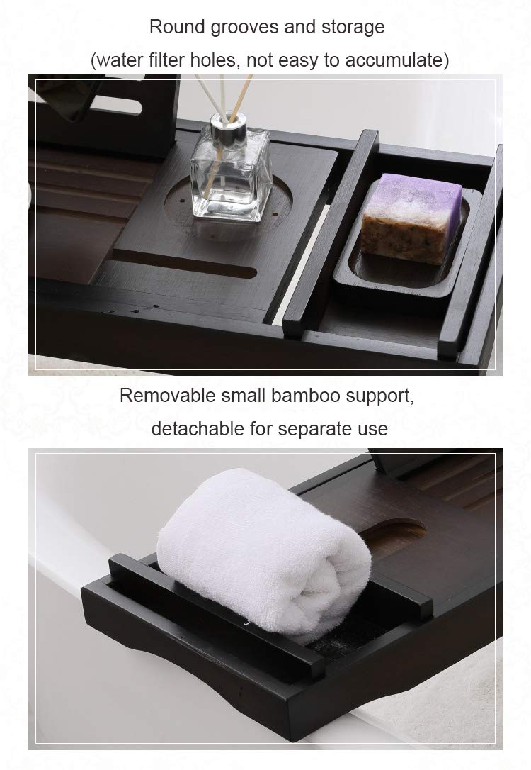 Bandeja de bambú para bañera con soporte para libros, soporte para copas de vino y ranura para iPad, color negro, accesorios de baño duraderos