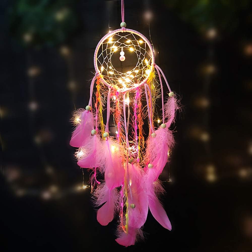 led Dream Catcher Light Boho Dreamcatcher Lights for Bedroom Handmade Bohemia Wedding Art Wall Hanging Small Night Light For Kids Baby Girls Cute Home Feathers Décor Native American Pink Purple