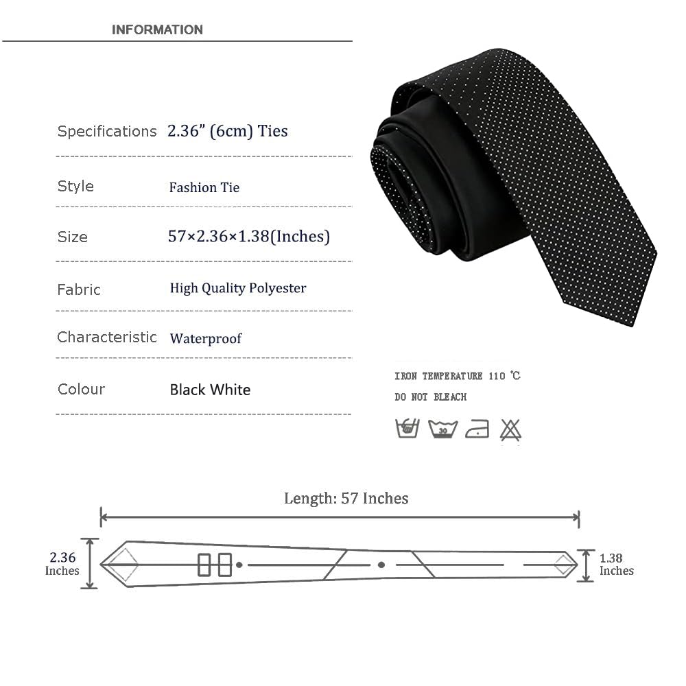 Corbatas de lujo para hombre a rayas blancas de lunares de 2.36 pulgadas para hombres, Negro - 4