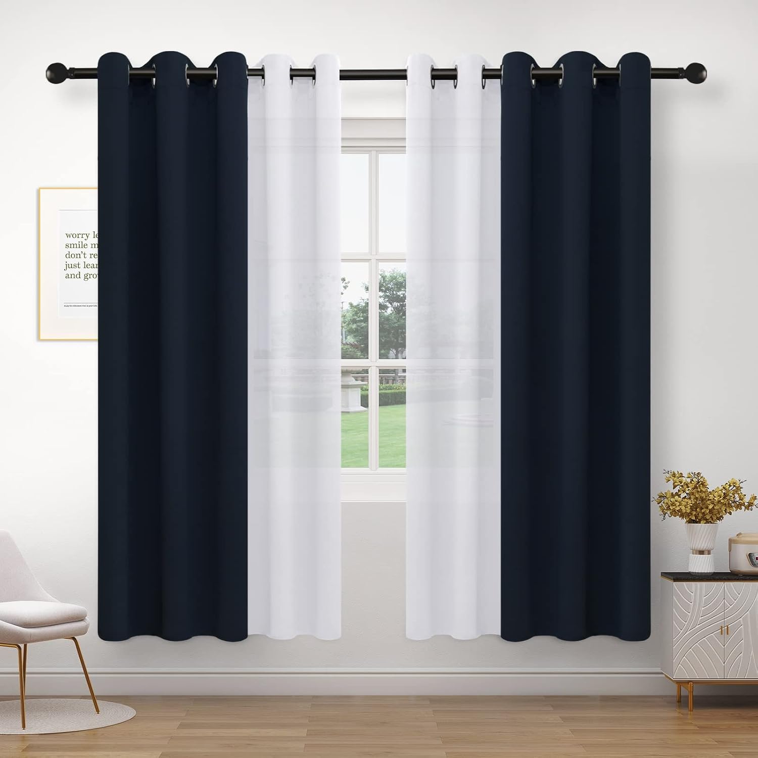 PureFit Set of 4 Curtain Panels - Mix and Match Sheer White Curtains & Blackout Curtains for Bedroom and Living Room, Thermal Insulated Room Darkening Grommet Window Drapes, 42 x 84 inch/Panel, Navy