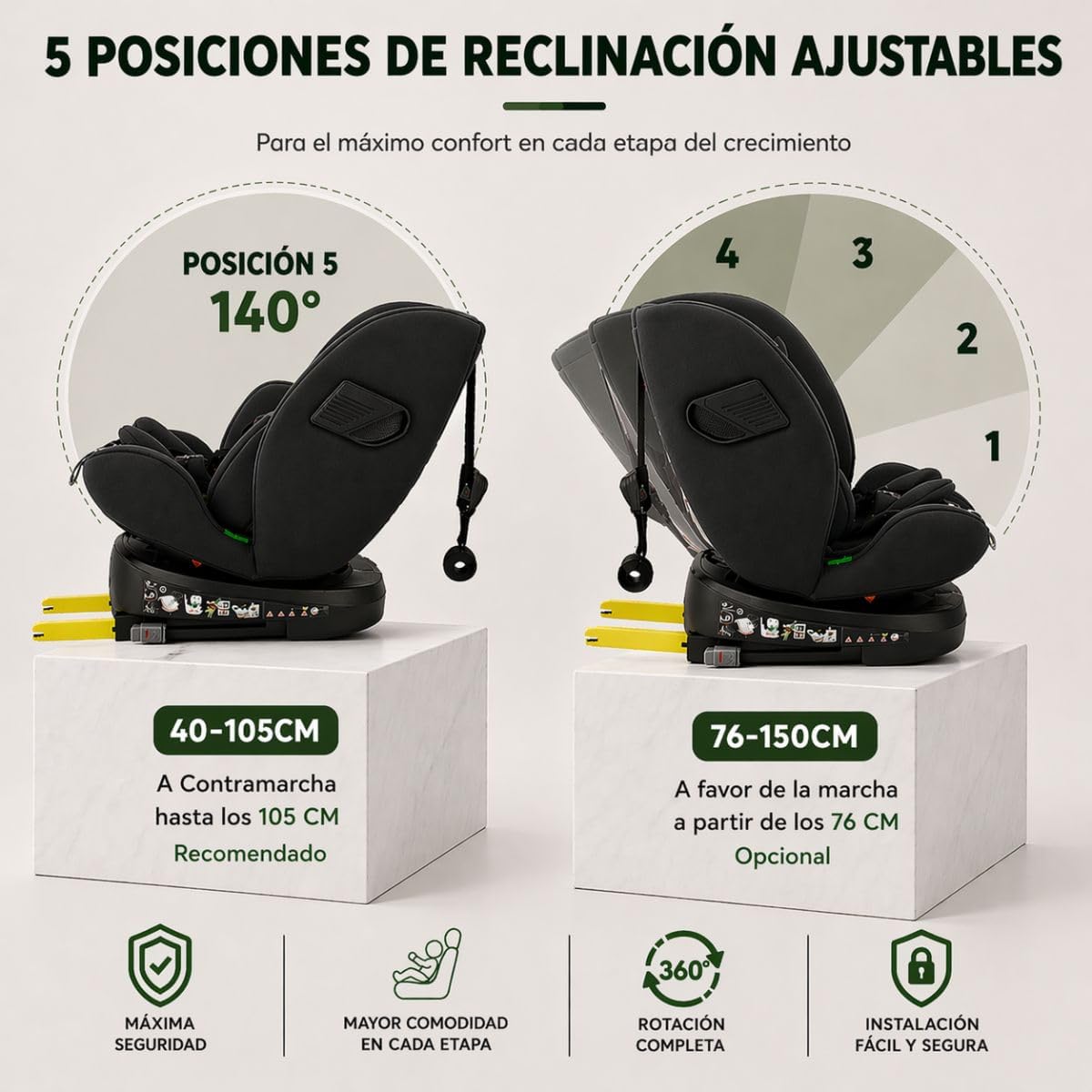 First Step Kronos 360° Silla Coche Bebé i-Size (40-150 cm), Silla Coche ISOFIX Giratoria, Grupo 0/1/2/3, Contramarcha hasta 4 Años, Reclinable 4 Posiciones, Arnés 5 Puntos, 0-12 Años, Negro