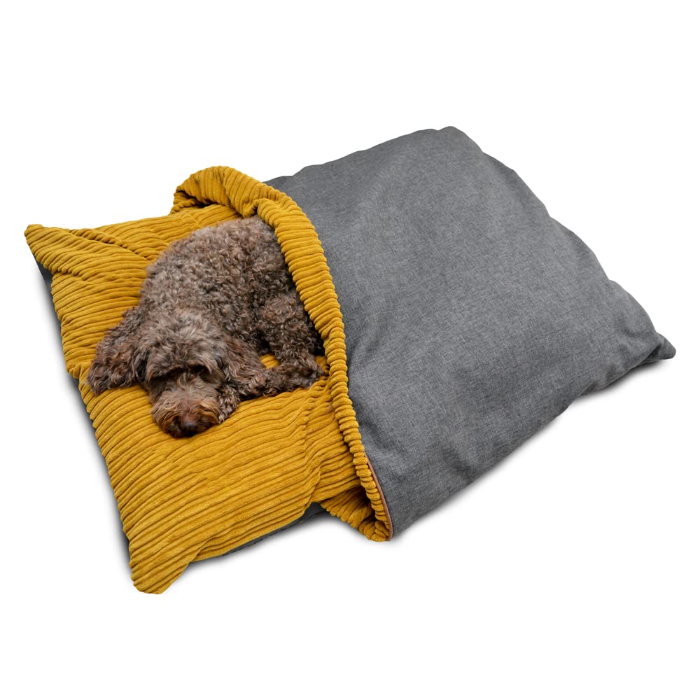 rucomfy Fibre-Filled Large Burrower Calming Dog Bed with Comfort Blanket - Machine Washable Jumbo Cord Pet Bed with Water Resistant Base - 125 x 94 x 20cm (Mustard)