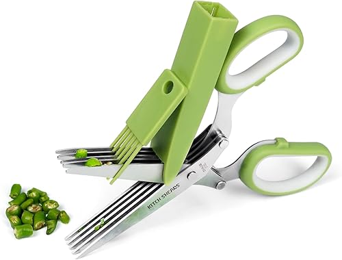 KitchShears - Tijeras de hierbas con 5 cuchillas y cubierta, cortador de hierbas de acero inoxidable de alta calidad para hierbas de cocina y