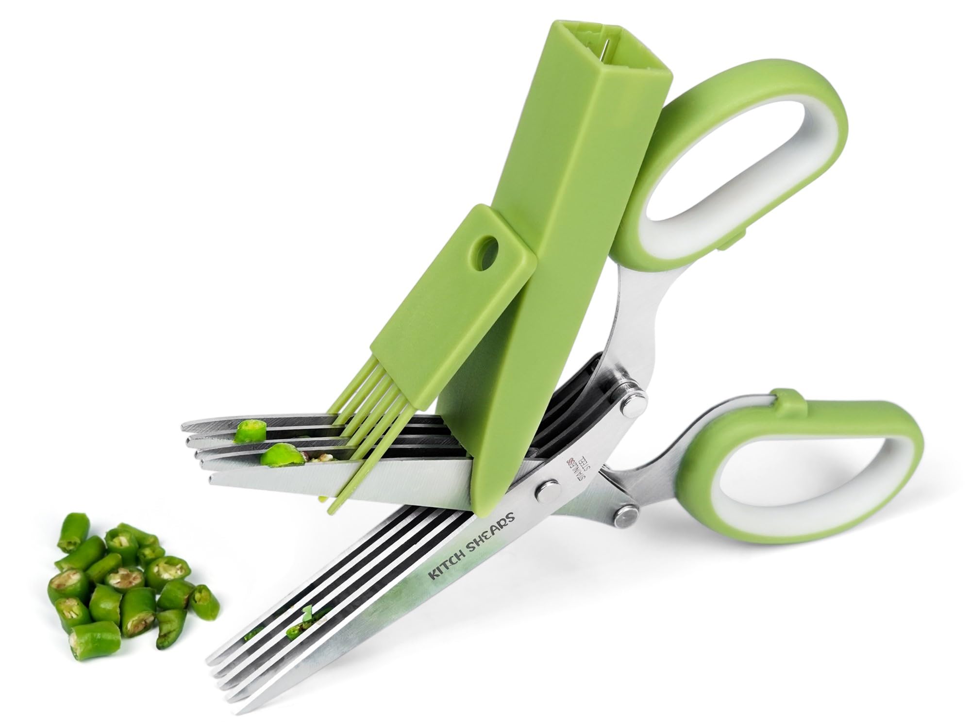 KitchShears Herb Scissors with 5 Blades and Cover - Premium Quality Stainless-Steel Herb Cutter for Kitchen & Garden Herbs - With safety Cover and Cleaning Comb - Dishwasher Safe & Easy to Clean