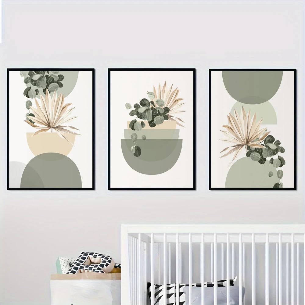 Stampe artistiche da parete in stile boho, verde salvia, decorazioni floreali boho in stile moderno di metà secolo, poster astratti, arte beige e verde (50x70 cm/3 pezzi senza cornice)