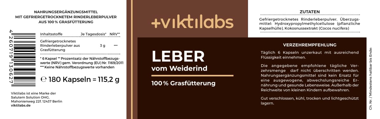 Leber vom Weiderind - gefriergetrocknetes Rinderleberpulver - hohe Bioverfügbarkeit - ohne Hormone - 100% Grasfütterung - 6 Kapseln pro Tag - 180 - ohne Zusatzstoffe