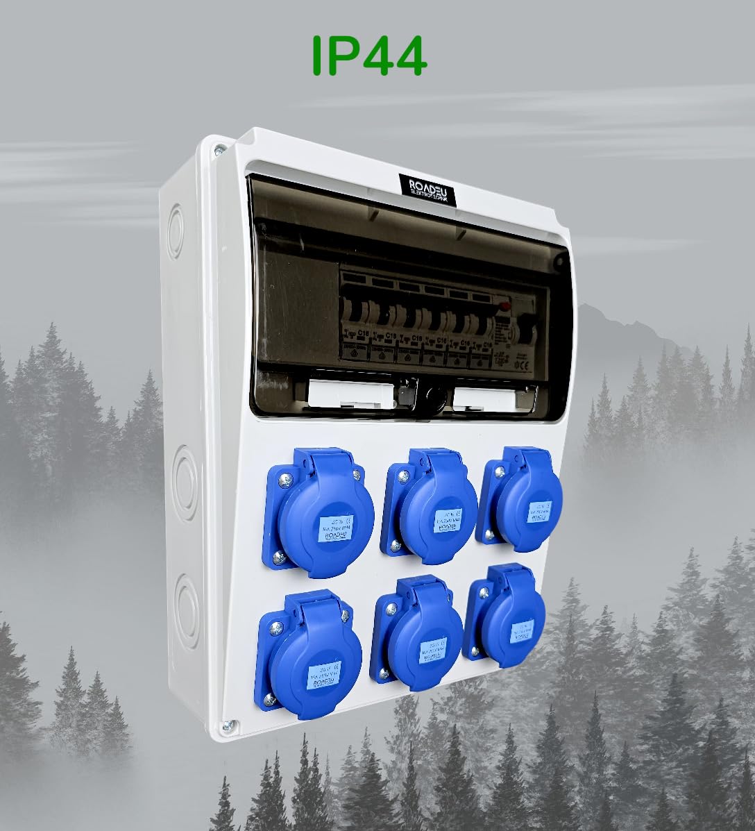 RoadEu Cuadro eléctrico 230V IP44 con diferencial y 6 tomas Schuko | Diferencial TÜV, 6 magnetotérmicos C16A VDE, cableado 2,5 mm², N+PE, PG16