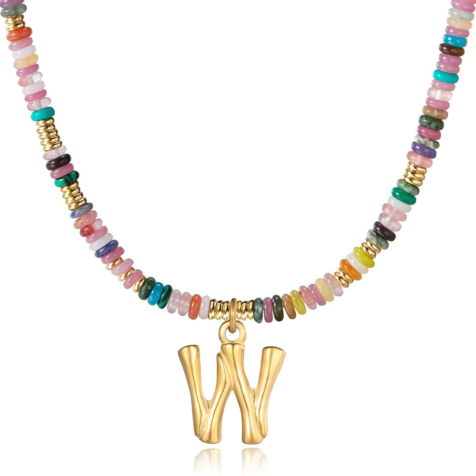 YOUFENG Initial Letter Necklaces for Women Colorful Beaded Gemstone Choker 14K Gold Plated Bamboo Letter Pendant Necklace Natural Stone Handmade