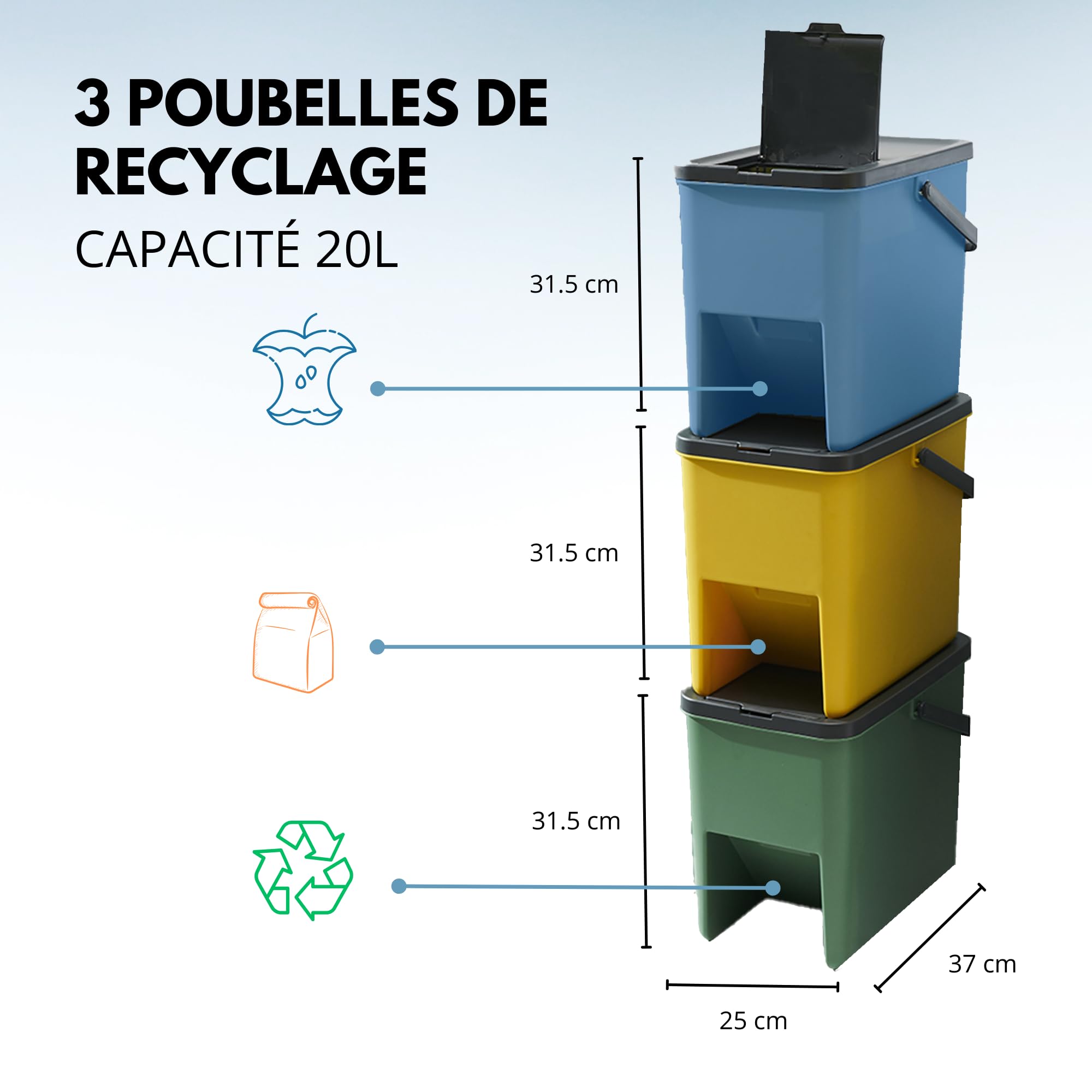 KITCHEN MOVE Bergen - Juego de 3 cubos apilables de 20L para reciclaje – 80L – Papelera de clasificación selectiva de plástico, colores amarillo, azul, verde y gris