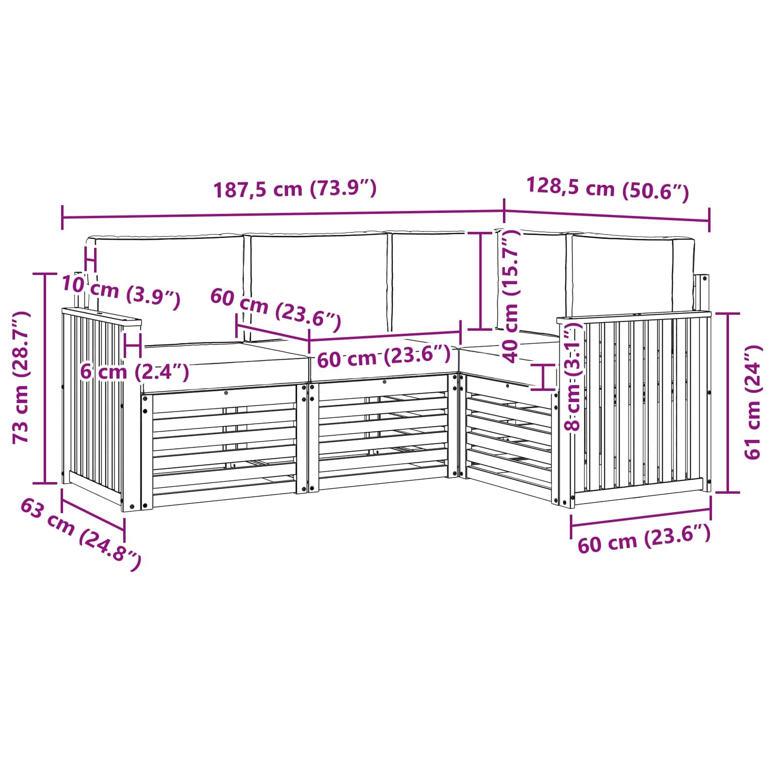 Sofagarnitur 4-TLG aus Massivholz Akazie in Natur und Creme wetterfestes Gartenmöbelset für Terrasse Balkon und Outdoor-Wohnbereich mit modularer Konfiguration und langlebigem Design