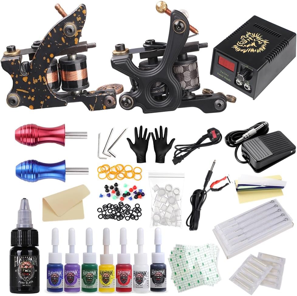 HAWINK Complete Tattoo Kit for Beginners - Pro Tattoo Machine Kit with 8 Ink Set & Power Supply