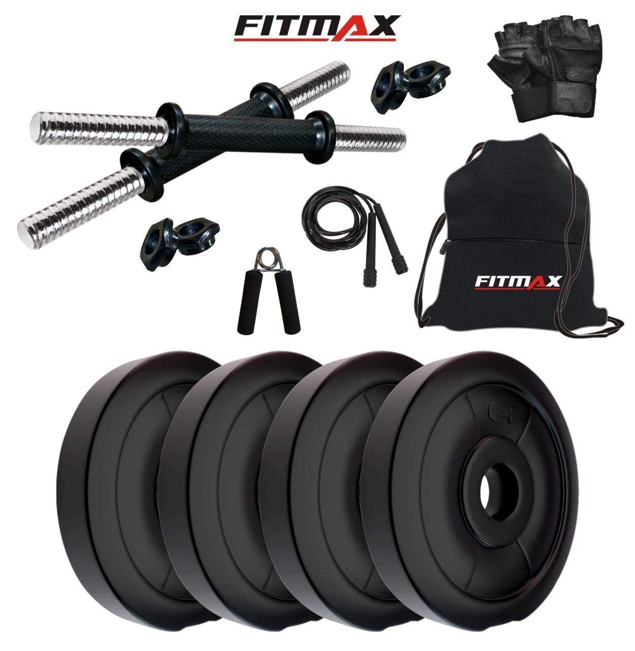 FITMAX PVC 10KG DMCOMBO 4 Dumbbells Kit with One Pair Dumbbell Rods and Gym Accessories (Multicolor)