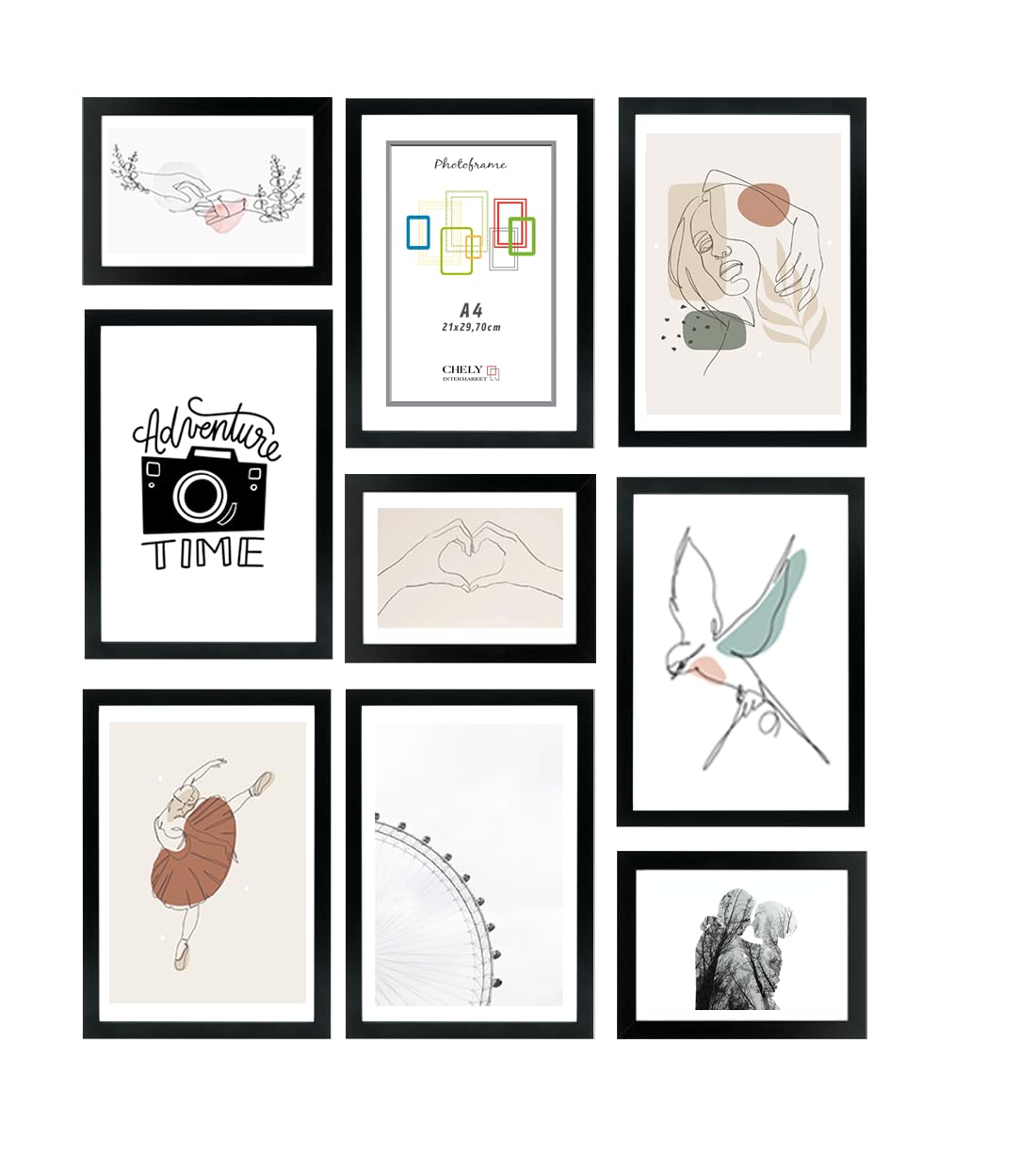 CHELY INTERMARKET | Juego de 9 marcos (13x18cm(x3) - A4(x6)) (Negro) modelo CI-100 con elegancia, diseño clásica y minimalista especialmente para decoración de casa Incluye accesorio.
