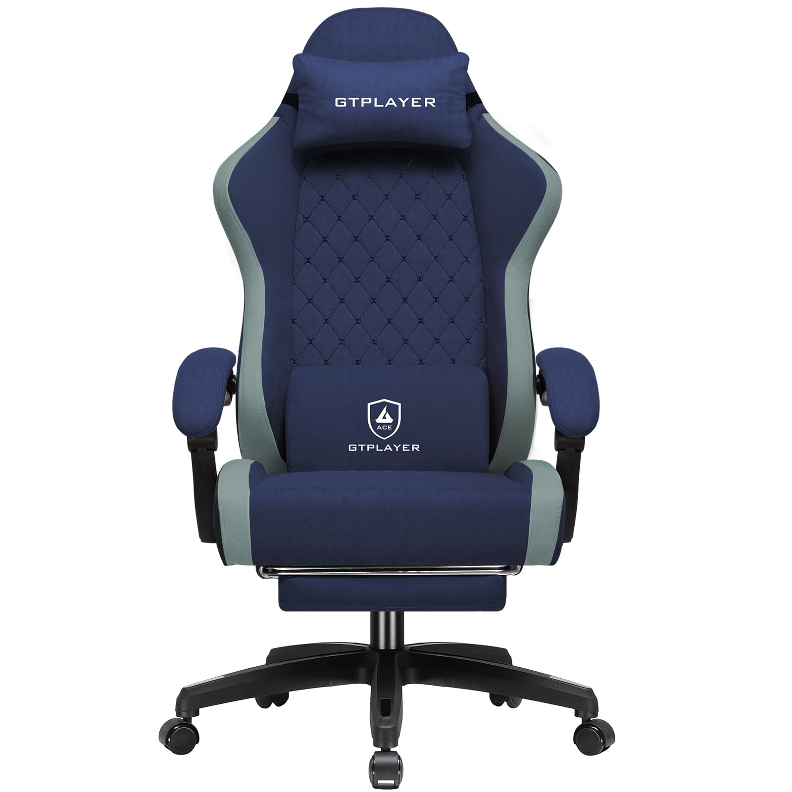 GTPLAYER Sedia da gaming ergonomica, sedia da ufficio in tessuto traspirante, larga e alta, girevole, con poggiapiedi, supporto lombare regolabile e poggiatesta, Blu scuro