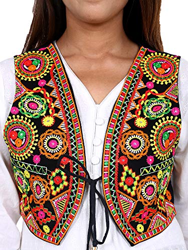 Image of Craft Trade Women's Cotton Embroidered Kutchi Jacket with Tassels Sleeveless Mirror Work