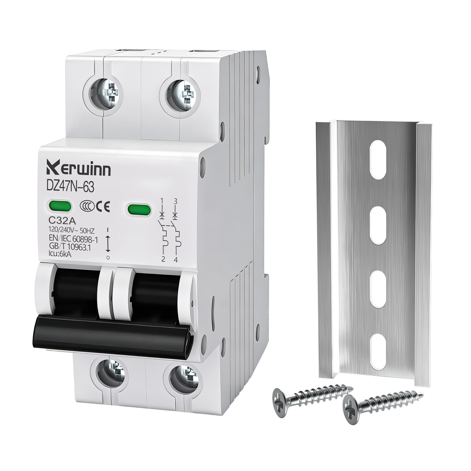 Miniature Circuit Breaker 2 Pole 32A (MCB),120V/240V 50/60Hz AC DIN Rail Mount Breaker, Compatible with Grid-Tied Solar Systems, RV & Home Circuits(C32A)