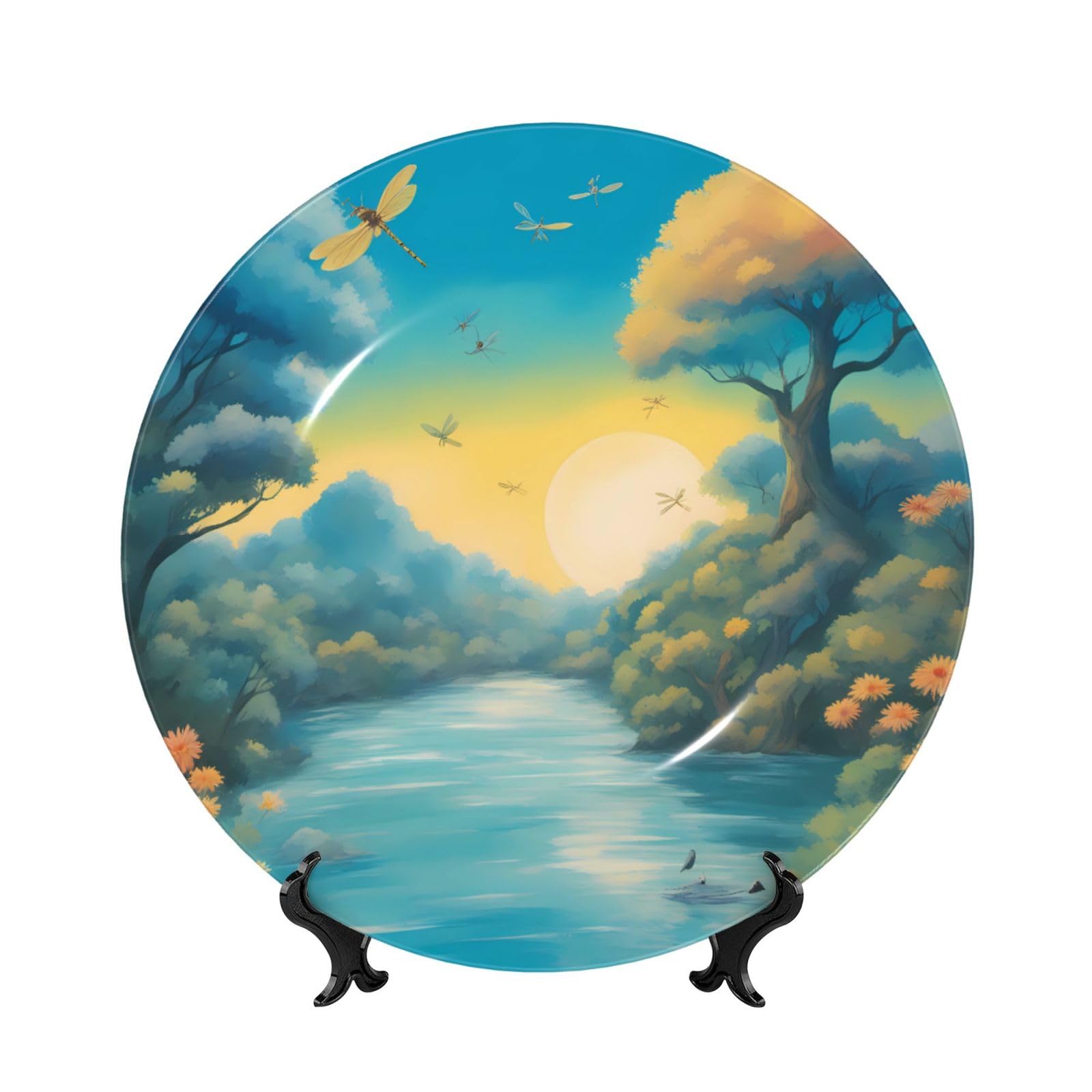 SXZVVBN lots of beautiful dragonflies Bone China Decorative Plate Art with Stand Removable Adhesive Hanging for Home Office 7in
