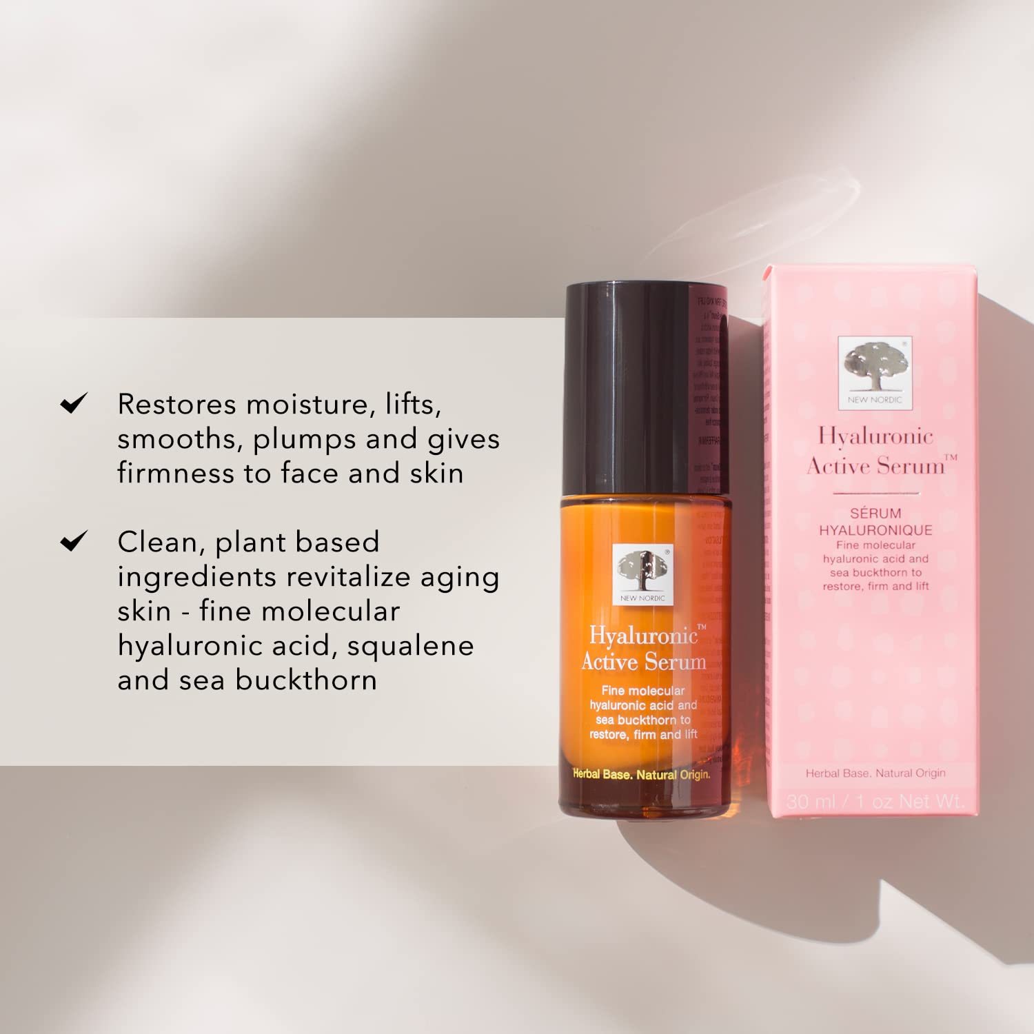 New Nordic | Sérum actif hyaluronique | Sérum visage anti-âge végétalien avec acide hyaluronique, squalane et argousier pour raffermir, soulever et restaurer la peau | 30 ml