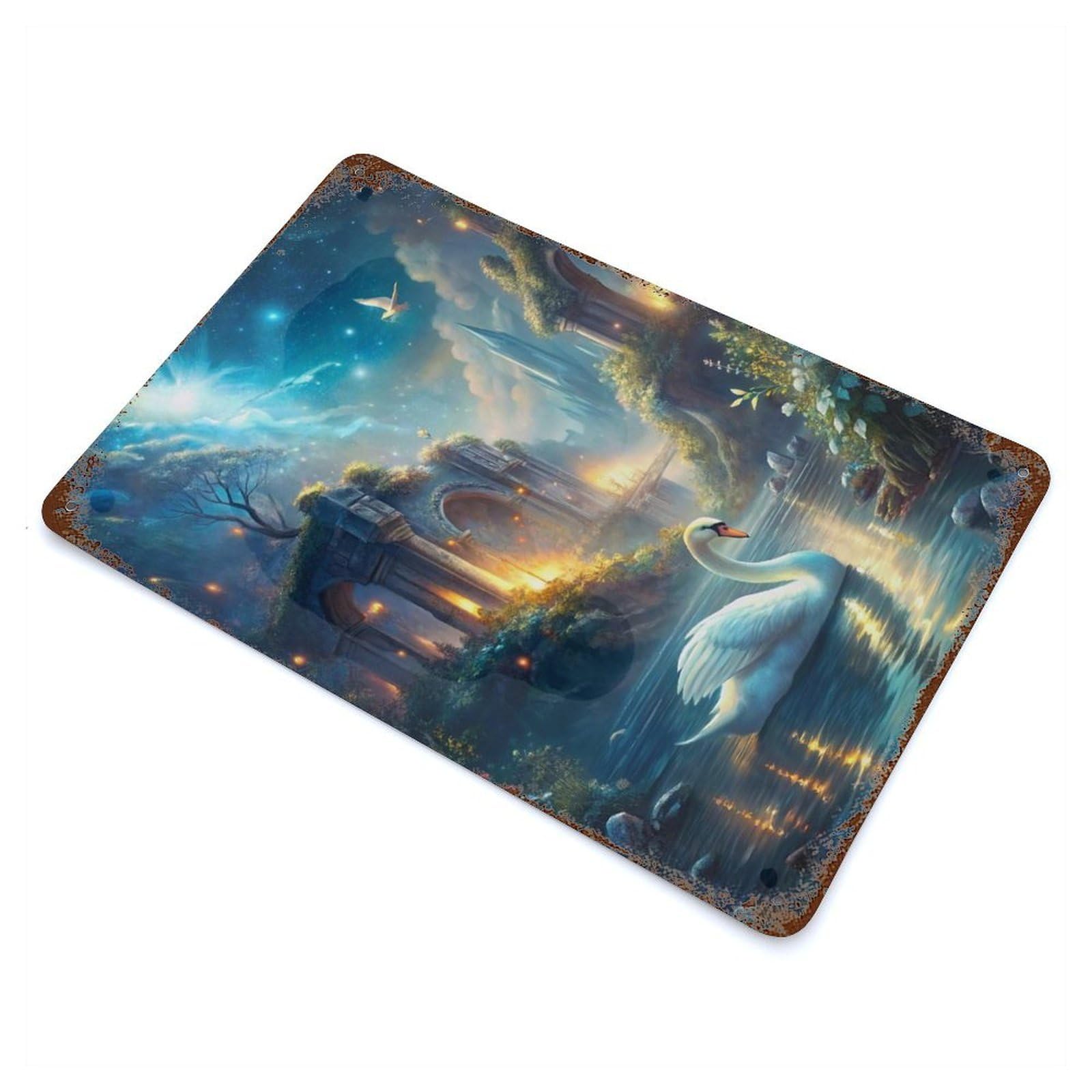 Swan in Fantasy Landscape with Ruins Decorative Tin Sign 11.8"x7.9", for Farmhouse, Kitchen And Entryway Decor, Shabby Chic Decor
