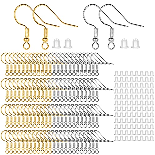 Earring Hooks for Jewellery Making 100 PCS/50 Pairs Sterling Silver Earring Hooks with Clear Silicone Ear Backs Hypoallergenic Jewellery Making Supplies (Silver&Gold)