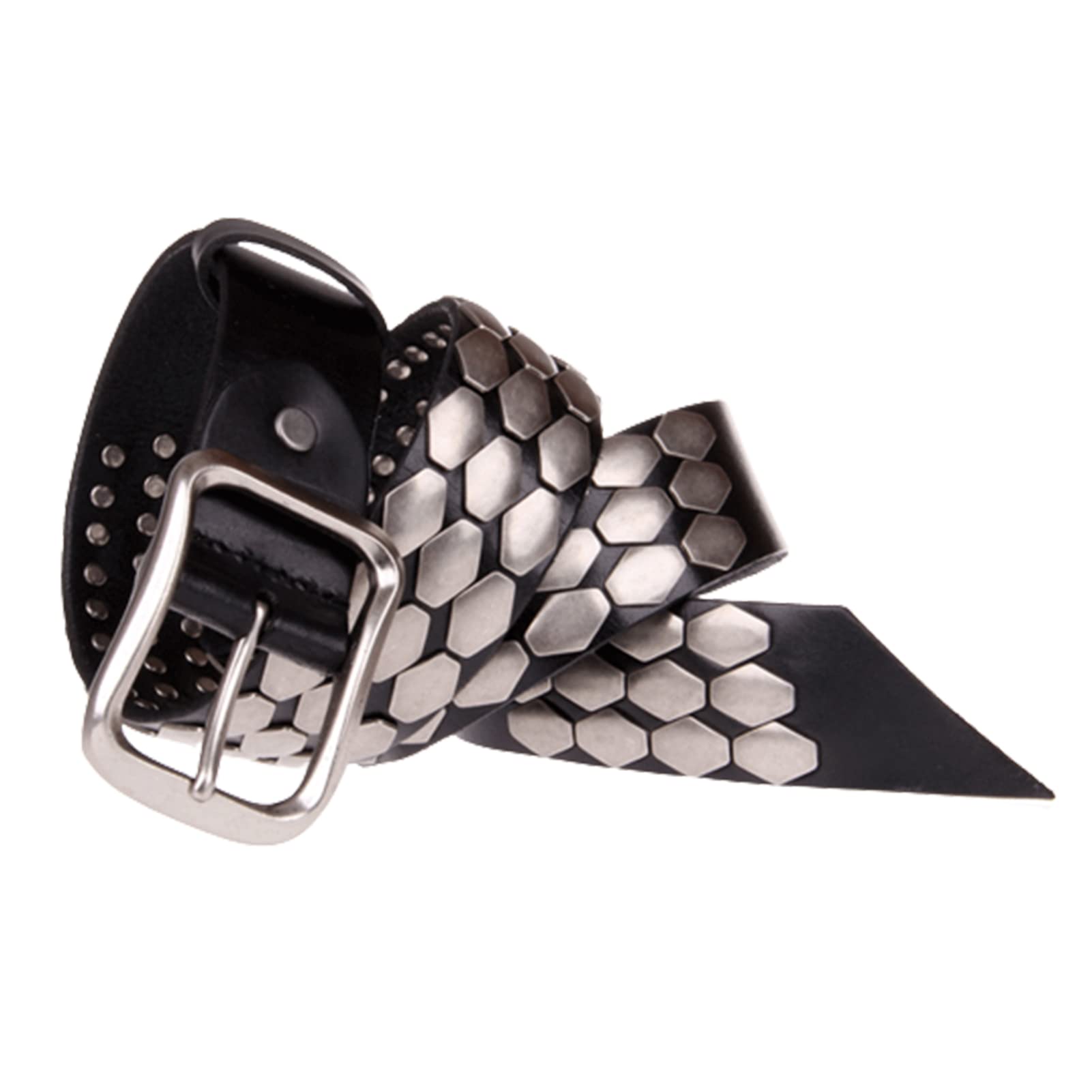 NALANY Punk Rock Bling Leather Belt,Women Men Goth Silver Hexagon 